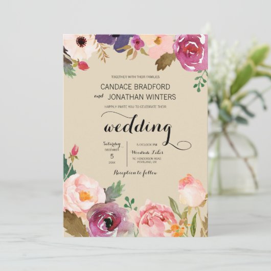 Rustic Boho Waterverf Flowers Wedding Kaart (Staand voorkant)