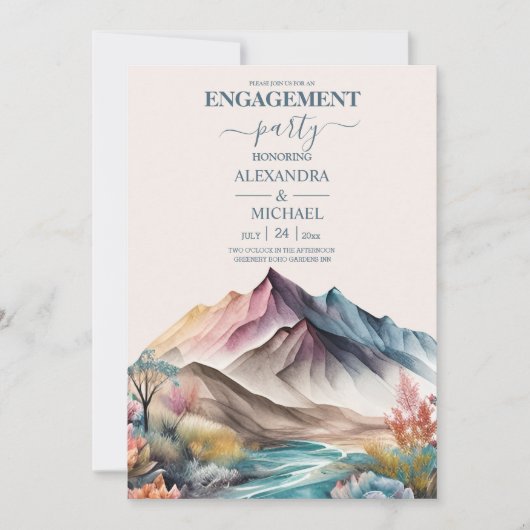 Rustic Boho Waterverf Mountain Verloving Invitat Kaart (Voorkant)
