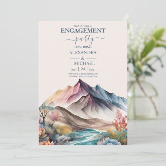 Rustic Boho Waterverf Mountain Verloving Invitat Kaart (Staand voorkant)