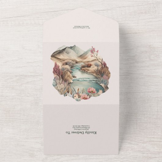 Rustic Boho Waterverf Mountain Wedding All In One Uitnodiging (Buitenkant)