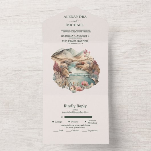 Rustic Boho Waterverf Mountain Wedding All In One Uitnodiging (Binnen)