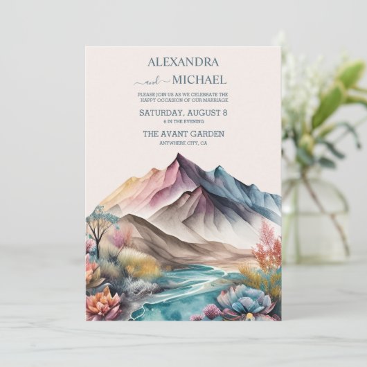 Rustic Boho Waterverf Mountain Wedding Invitation Kaart (Staand voorkant)
