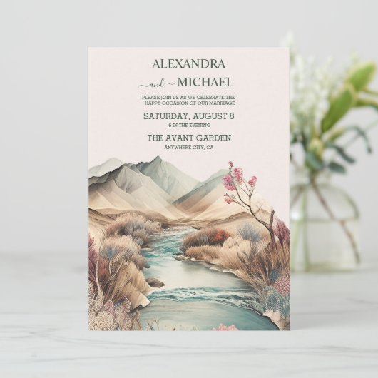 Rustic Boho Waterverf Mountain Wedding Kaart (Staand voorkant)