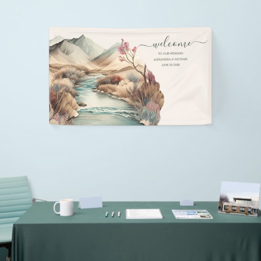 Rustic Boho Waterverf Mountain Wedding Spandoek (Beurs)