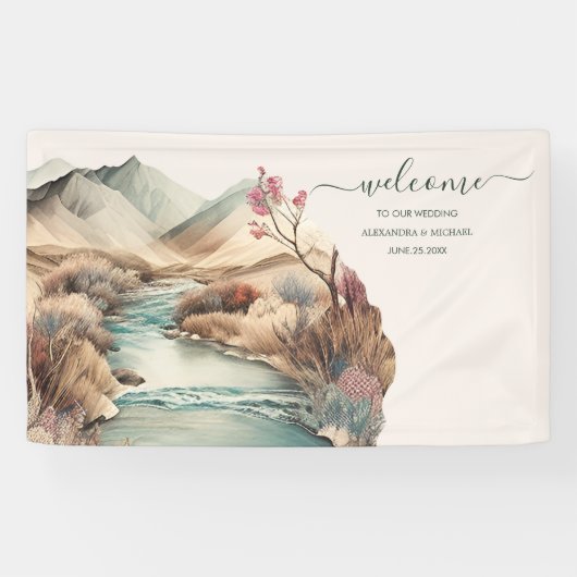 Rustic Boho Waterverf Mountain Wedding Spandoek (Horizontaal)