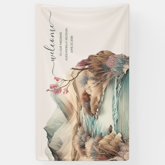 Rustic Boho Waterverf Mountain Wedding Spandoek (Verticaal)