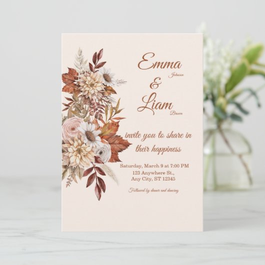 Rustic Boho Wedding Invitation | Beige Floral Card Kaart (Staand voorkant)