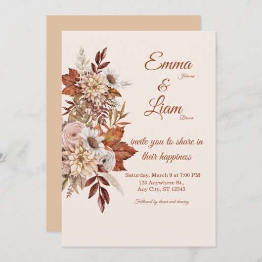 Rustic Boho Wedding Invitation | Beige Floral Card Kaart (Voorkant / Achterkant)
