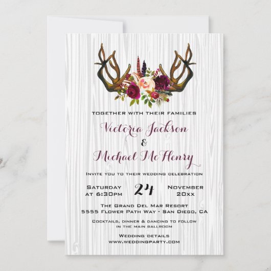 Rustic Boho Wedding Invitation met hertengeweien Kaart (Voorkant)