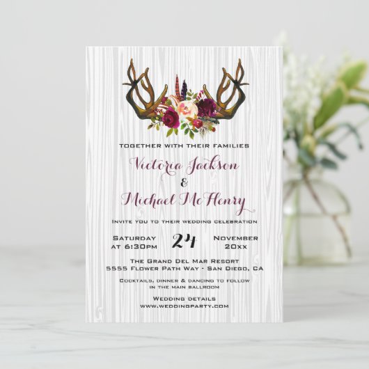 Rustic Boho Wedding Invitation met hertengeweien Kaart (Staand voorkant)