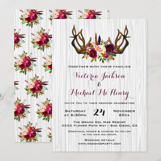 Rustic Boho Wedding Invitation met hertengeweien Kaart (Voorkant / Achterkant)