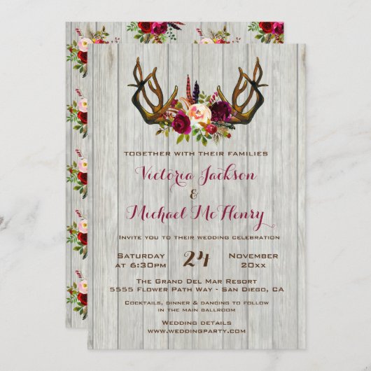 Rustic Boho Wedding Invitation met hertengeweien Kaart (Voorkant / Achterkant)