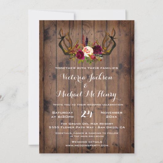 Rustic Boho Wedding Invitation met hertengeweien Kaart (Voorkant)