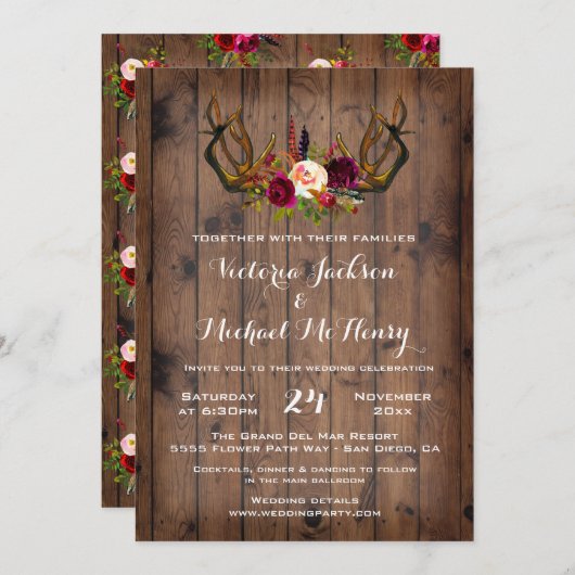 Rustic Boho Wedding Invitation met hertengeweien Kaart (Voorkant / Achterkant)