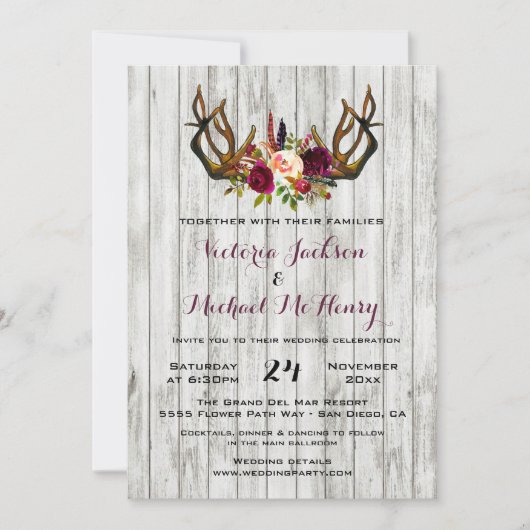 Rustic Boho Wedding Invitation met hertengeweien Kaart (Voorkant)