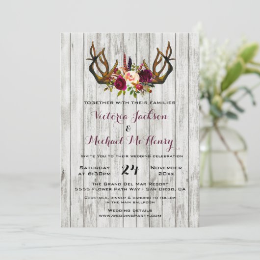 Rustic Boho Wedding Invitation met hertengeweien Kaart (Staand voorkant)