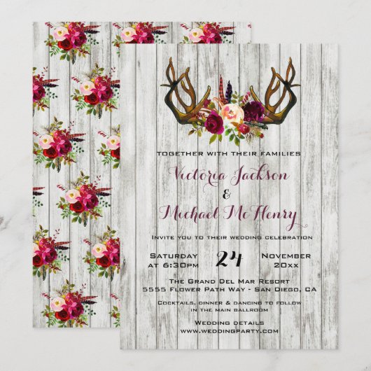Rustic Boho Wedding Invitation met hertengeweien Kaart (Voorkant / Achterkant)
