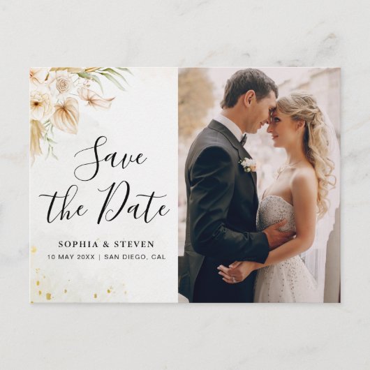 Rustic Boho Wedding with Neutral and Golden Floral Briefkaart (Voorkant)