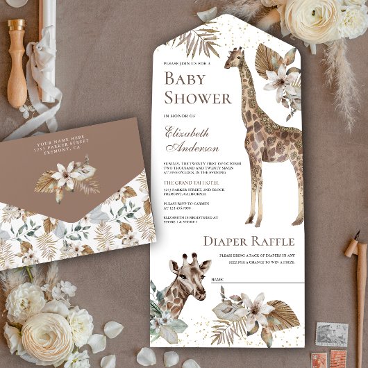 Rustic Boho Wild Safari Giraffe Baby shower All In One Uitnodiging