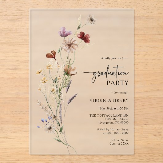 Rustic Boho Wildflower Afstuderen Acryl Uitnodigingen (Voorkant)