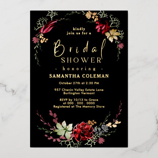 Rustic Boho Wildflower Elegant Black Vrijgezellenf Folie Uitnodiging (Voorkant)