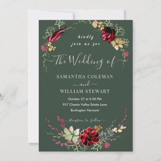 Rustic Boho Wildflower Elegant Dark Green Wedding Kaart (Voorkant)