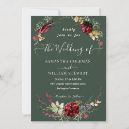 Rustic Boho Wildflower Elegant Dark Green Wedding Kaart