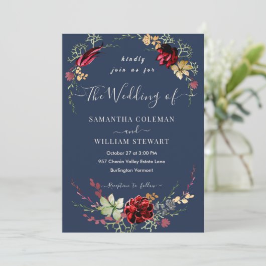Rustic Boho Wildflower Elegant Navy Blue Wedding Kaart (Staand voorkant)