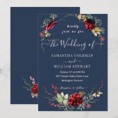 Rustic Boho Wildflower Elegant Navy Blue Wedding Kaart (Voorkant / Achterkant)