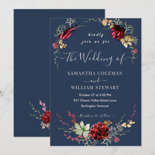 Rustic Boho Wildflower Elegant Navy Blue Wedding Kaart (Voorkant / Achterkant)