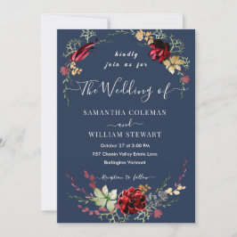 Rustic Boho Wildflower Elegant Navy Blue Wedding Kaart