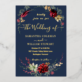 Rustic Boho Wildflower Elegant Navy Wedding Folie Uitnodiging