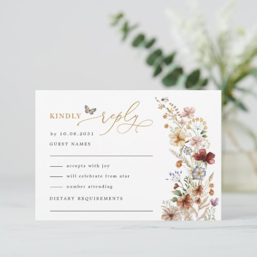 Rustic Boho Wildflower Floral Garden Wedding RSVP Kaart (Staand voorkant)