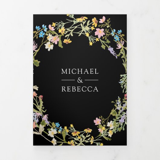 Rustic Boho Wildflower Foto QR Code Black Weddensc Drieluik Uitnodiging (Cover)