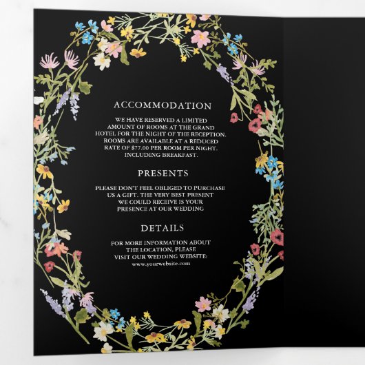 Rustic Boho Wildflower Foto QR Code Black Weddensc Drieluik Uitnodiging (Binnenzijde eerst)