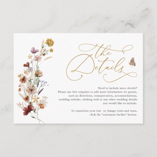 Rustic Boho Wildflower Garden Wedding Details Informatiekaartje (Voorkant)