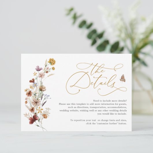 Rustic Boho Wildflower Garden Wedding Details Informatiekaartje (Staand voorkant)