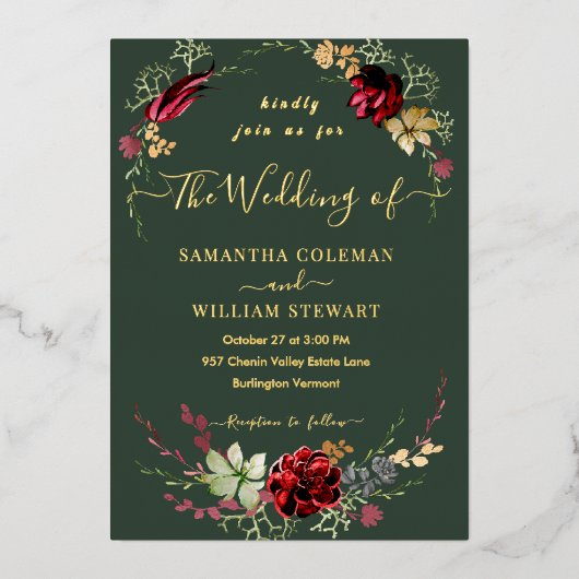 Rustic Boho Wildflower Royal Green Wedding Folie Uitnodiging (Voorkant)
