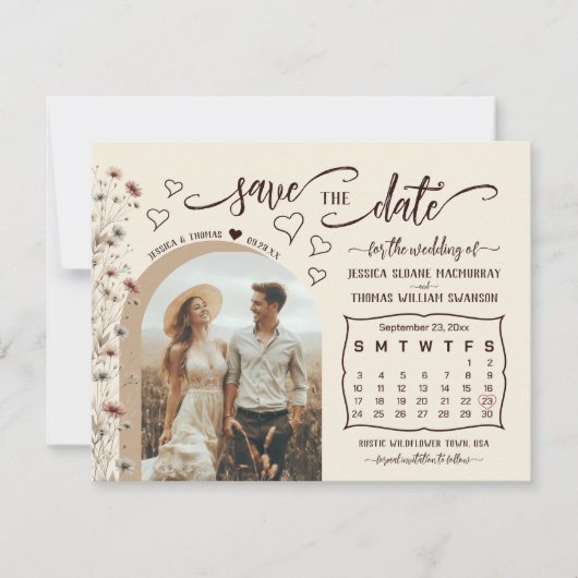 Rustic Boho Wildflowers Photo & Calendar Wedding Save The Date (Voorkant)