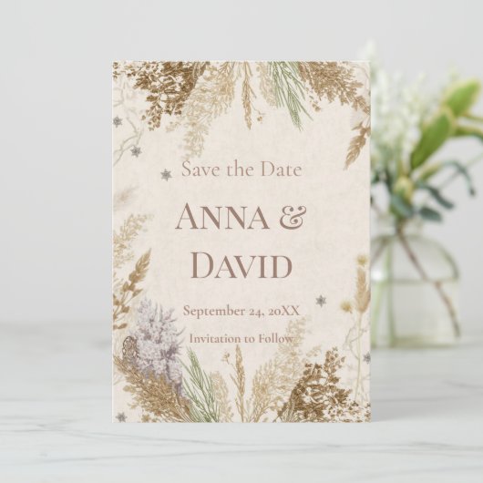 Rustic Boho Winter Save the Date with Pampas Grass Kaart (Staand voorkant)