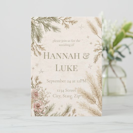 Rustic Boho Winter Wedding Invitation with Snow Kaart (Staand voorkant)