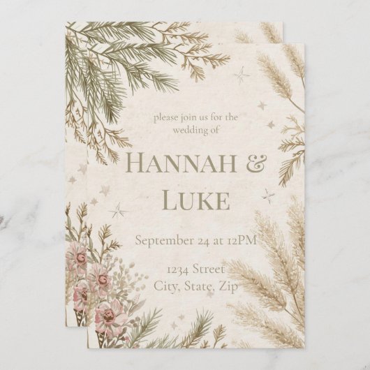 Rustic Boho Winter Wedding Invitation with Snow Kaart (Voorkant / Achterkant)