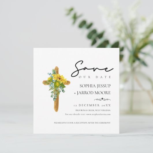 Rustic Boho Wood Cross Sunflower Foliage Weddensch Save The Date (Staand voorkant)