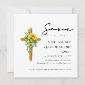 Rustic Boho Wood Cross Sunflower Foliage Weddensch Save The Date (Voorkant)
