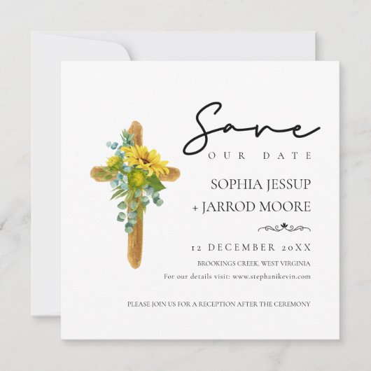 Rustic Boho Wood Cross Sunflower Foliage Weddensch Save The Date (Voorkant)