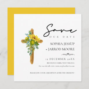 Rustic Boho Wood Cross Sunflower Foliage Weddensch Save The Date