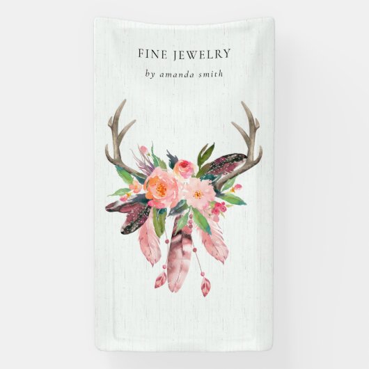 Rustic Boho Wood Floral Feather Antler Business Spandoek (Verticaal)