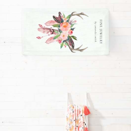 Rustic Boho Wood Floral Feather Antler Business Spandoek (Insitu)