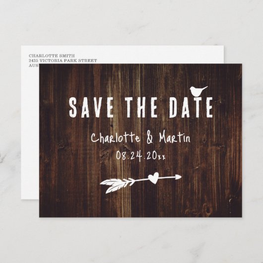 Rustic Boho Wood Heart Wedding Save the Date Briefkaart (Voorkant / Achterkant)