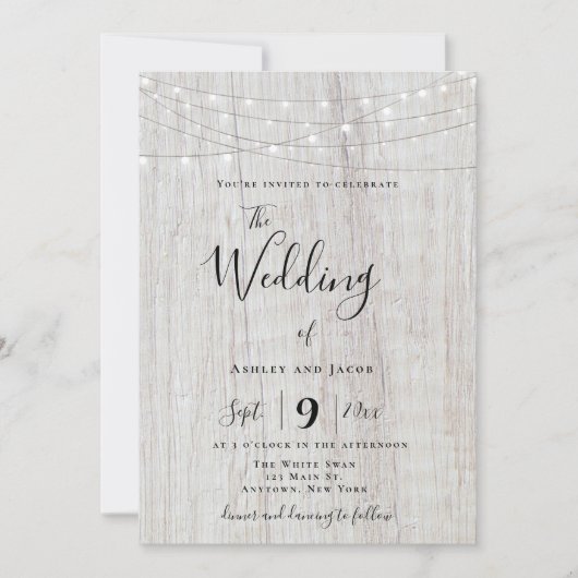 Rustic Boho Wood String Lights Wedding Invitations Kaart (Voorkant)